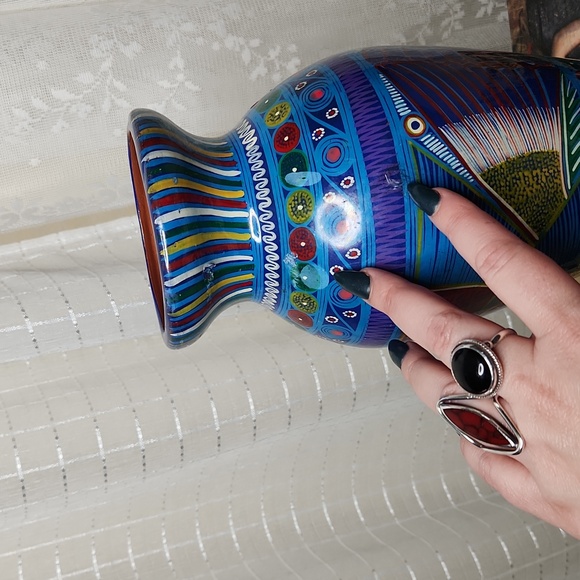 Mexican Folk Art Talavera Style Vase Feather Birds - Picture 4 of 12